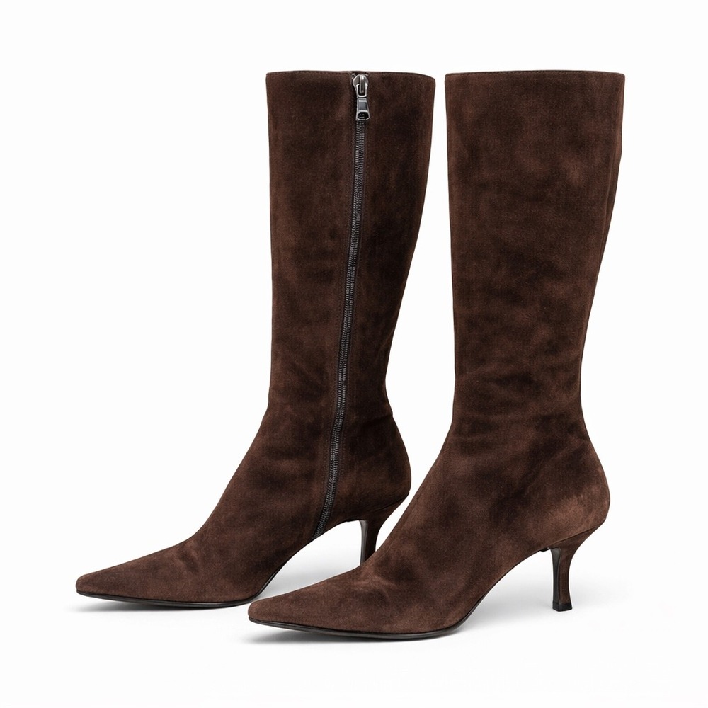 Prada Milano Womens Brown Suede Pointed Toe Kitten Heel Knee High Boots - Picture 2 of 9